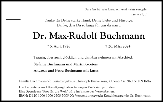 Anzeige von Max-Rudolf Buchmann von Kölner Stadt-Anzeiger / Kölnische Rundschau / Express