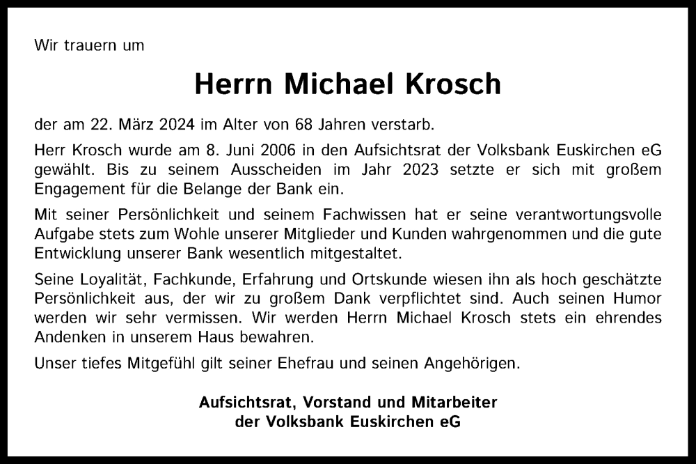  Traueranzeige für Michael Krosch vom 30.03.2024 aus Kölner Stadt-Anzeiger / Kölnische Rundschau / Express
