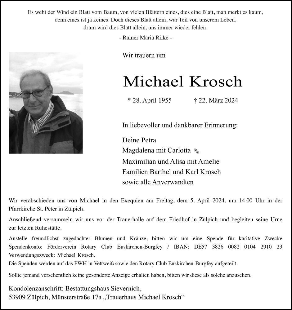  Traueranzeige für Michael Krosch vom 30.03.2024 aus Kölner Stadt-Anzeiger / Kölnische Rundschau / Express