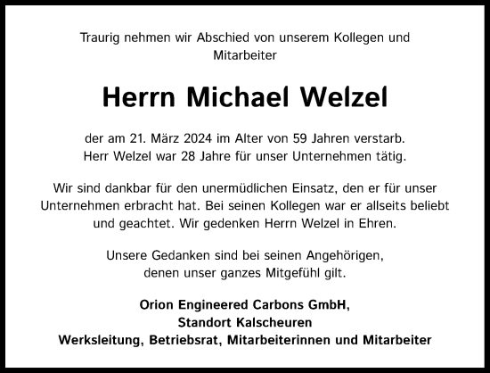 Anzeige von Michael Welzel von Kölner Stadt-Anzeiger / Kölnische Rundschau / Express