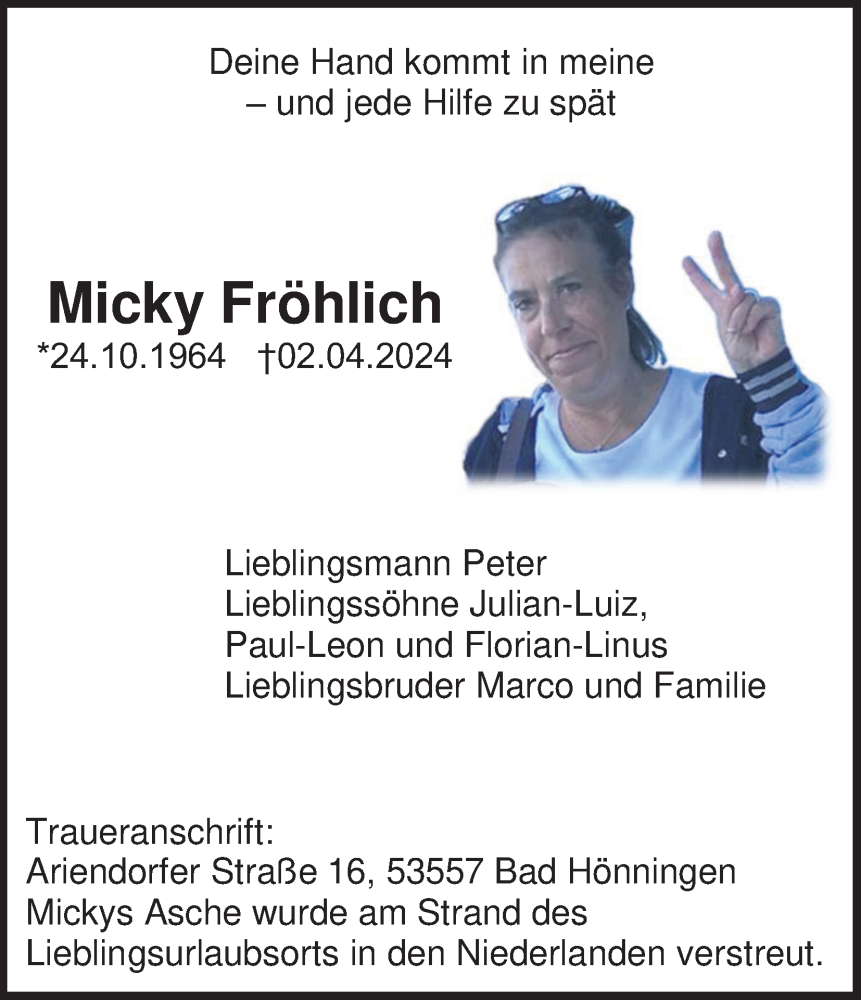  Traueranzeige für Micky Fröhlich vom 20.04.2024 aus Kölner Stadt-Anzeiger / Kölnische Rundschau / Express