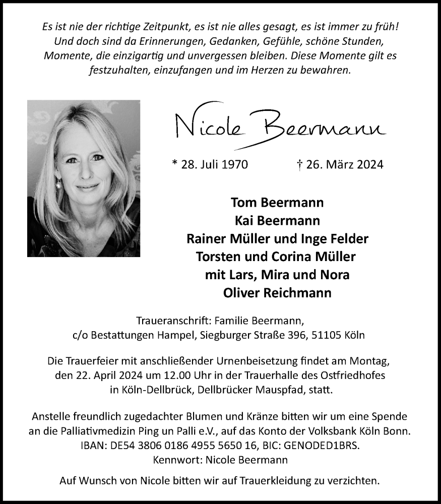  Traueranzeige für Nicole Beermann vom 13.04.2024 aus Kölner Stadt-Anzeiger / Kölnische Rundschau / Express