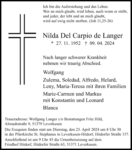 Anzeige von Nilda Del Carpio de Langer von Kölner Stadt-Anzeiger / Kölnische Rundschau / Express