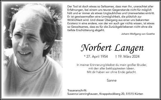 Anzeige von Norbert Langen von Kölner Stadt-Anzeiger / Kölnische Rundschau / Express