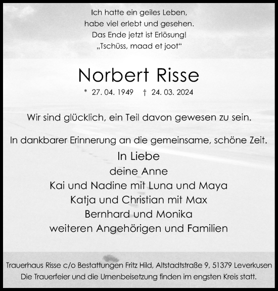 Anzeige von Norbert Risse von Kölner Stadt-Anzeiger / Kölnische Rundschau / Express
