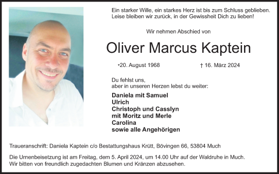 Anzeige von Oliver Marcus Kaptein von Kölner Stadt-Anzeiger / Kölnische Rundschau / Express
