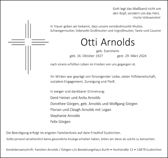 Anzeige von Otti Arnolds von Kölner Stadt-Anzeiger / Kölnische Rundschau / Express