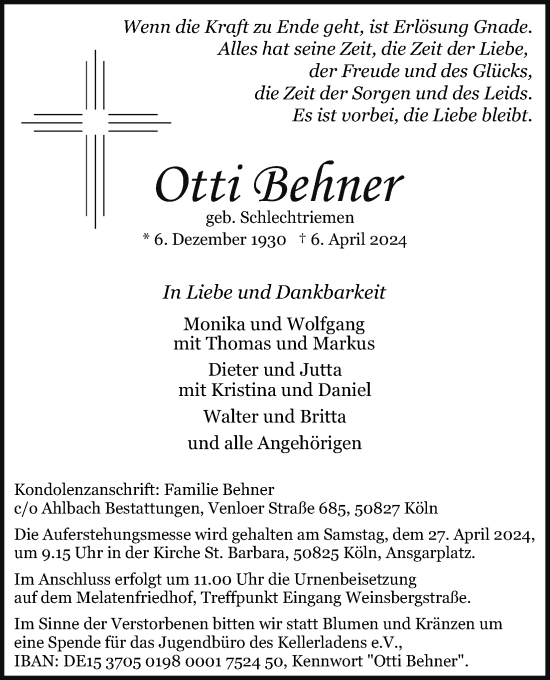 Anzeige von Otti Behner von Kölner Stadt-Anzeiger / Kölnische Rundschau / Express