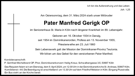 Anzeige von Pater Manfred Gerigk von Kölner Stadt-Anzeiger / Kölnische Rundschau / Express