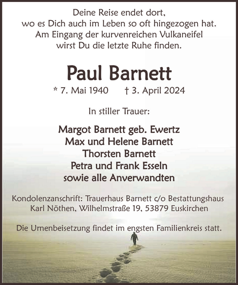  Traueranzeige für Paul Barnett vom 12.04.2024 aus  Wochenende  Werbepost 