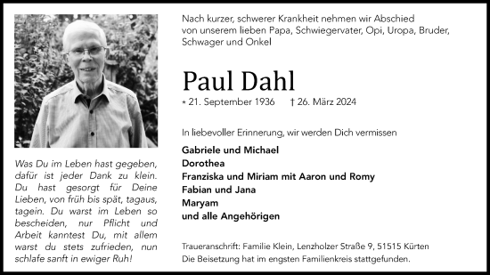 Anzeige von Paul Dahl von Kölner Stadt-Anzeiger / Kölnische Rundschau / Express