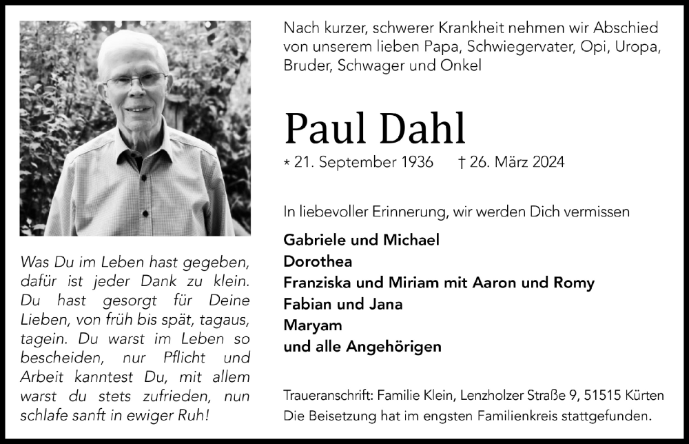  Traueranzeige für Paul Dahl vom 05.04.2024 aus  Bergisches Handelsblatt 