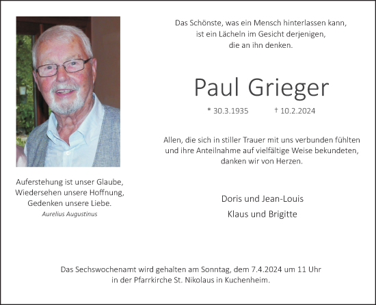 Anzeige von Paul Grieger von Kölner Stadt-Anzeiger / Kölnische Rundschau / Express