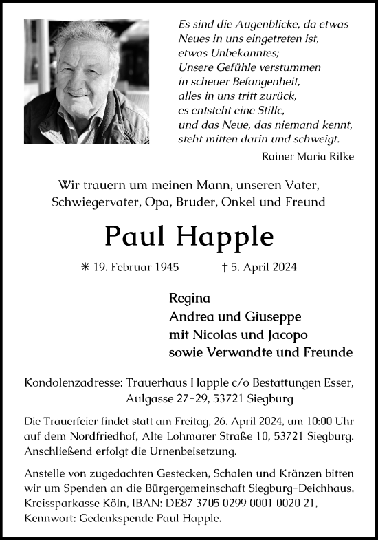 Anzeige von Paul Happle von Kölner Stadt-Anzeiger / Kölnische Rundschau / Express