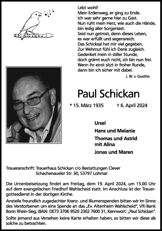 Anzeige von Paul Schickan von Kölner Stadt-Anzeiger / Kölnische Rundschau / Express