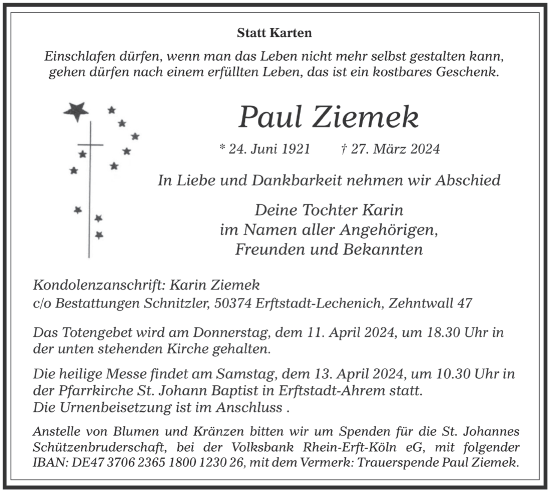 Anzeige von Paul Ziemek von  Werbepost 