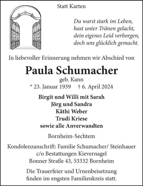Anzeige von Paula Schumacher von  Schaufenster/Blickpunkt  Schlossbote/Werbekurier 