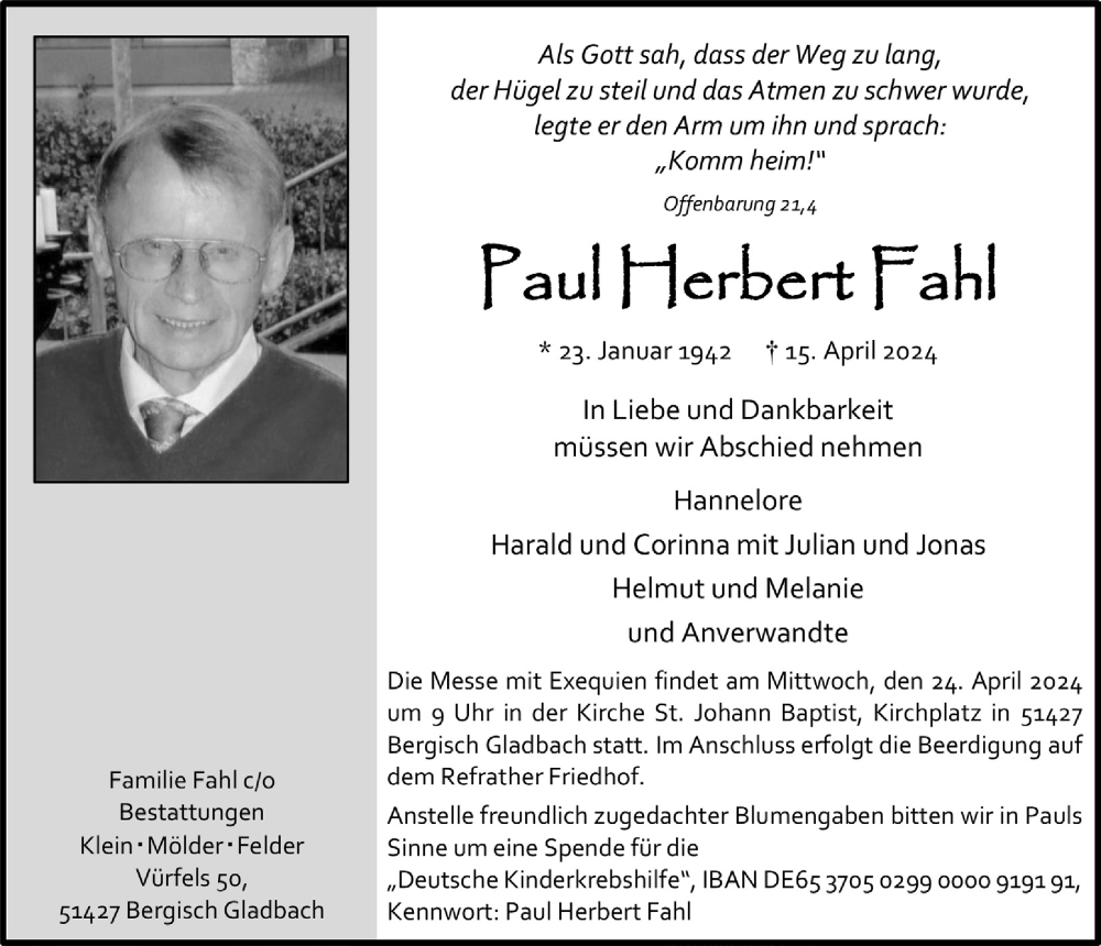  Traueranzeige für Paul Herbert Fahl vom 19.04.2024 aus  Bergisches Handelsblatt 