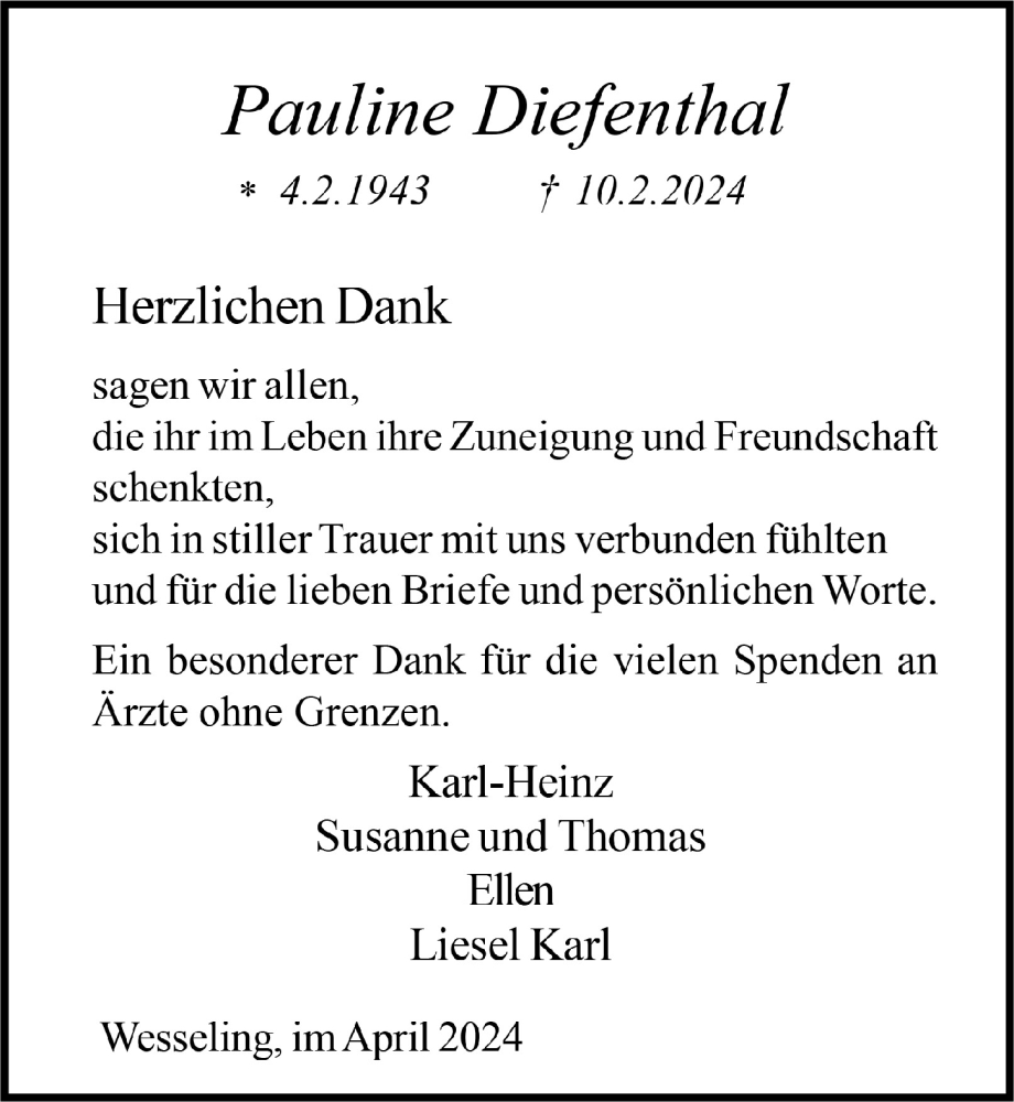  Traueranzeige für Pauline Diefenthal vom 19.04.2024 aus  Schlossbote/Werbekurier 