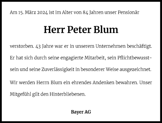 Anzeige von Peter Blum von Kölner Stadt-Anzeiger / Kölnische Rundschau / Express