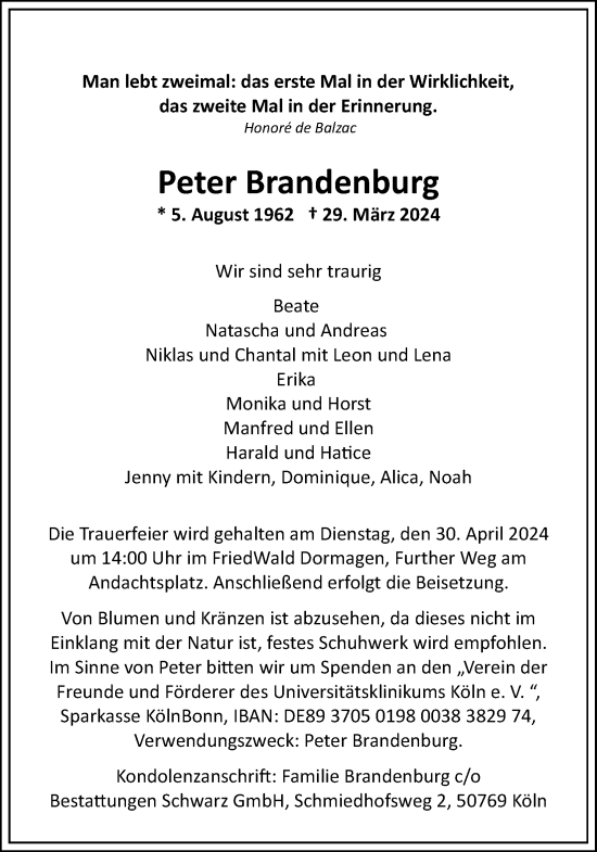 Anzeige von Peter Brandenburg von Kölner Stadt-Anzeiger / Kölnische Rundschau / Express