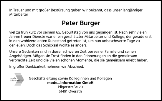 Anzeige von Peter Burger von Kölner Stadt-Anzeiger / Kölnische Rundschau / Express