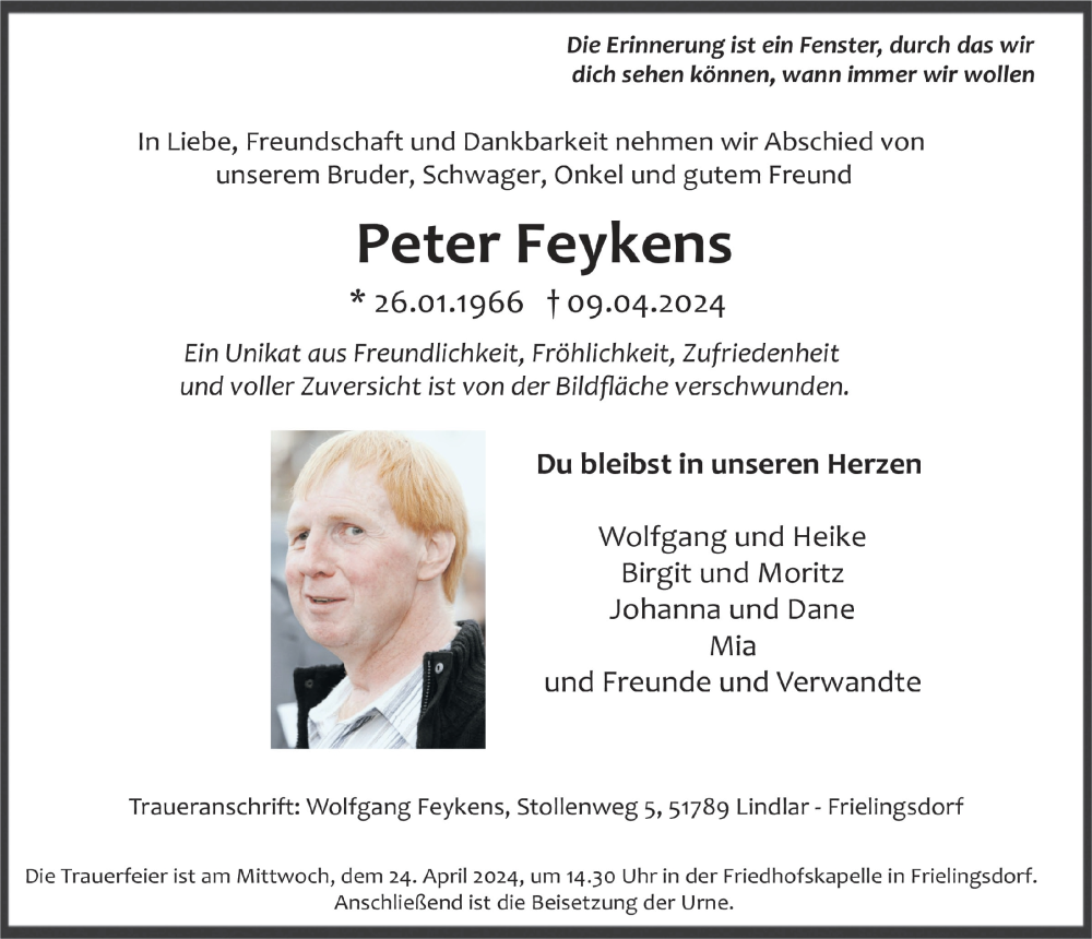  Traueranzeige für Peter Feykens vom 19.04.2024 aus  Anzeigen Echo 
