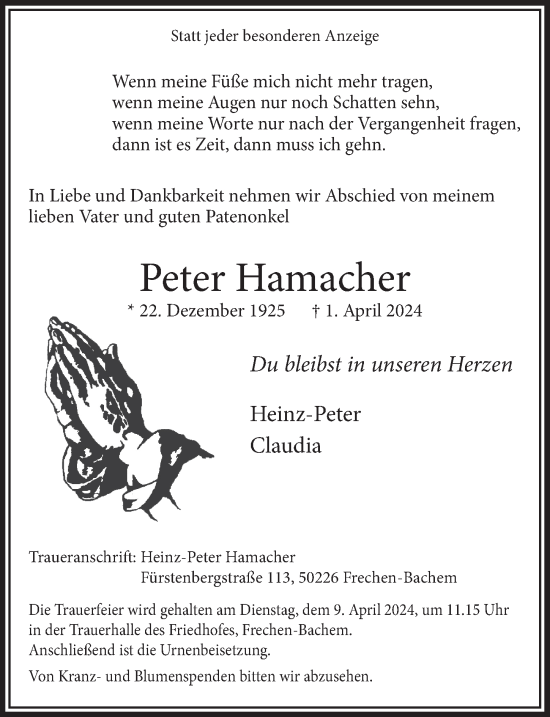 Anzeige von Peter Hamacher von  Wochenende 