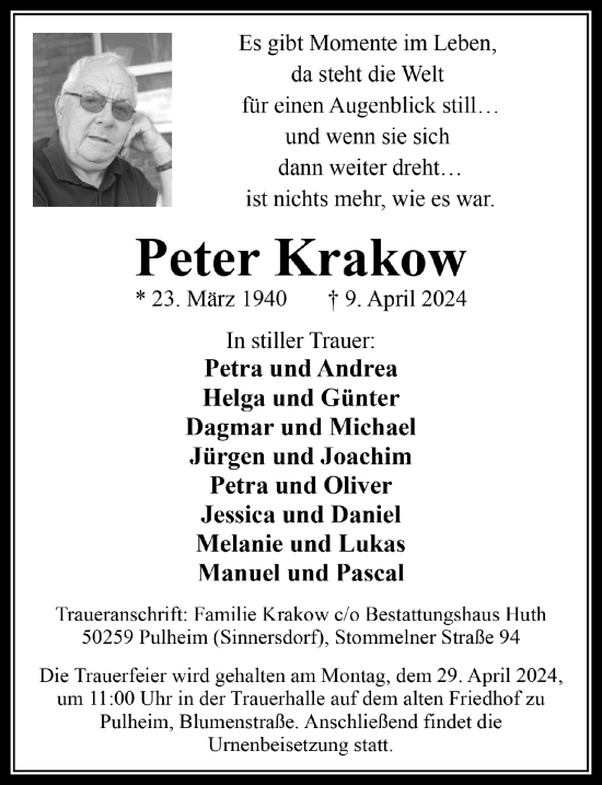 Anzeige von Peter Krakow von  Wochenende 