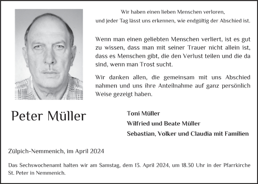  Traueranzeige für Peter Müller vom 06.04.2024 aus  Blickpunkt Euskirchen 