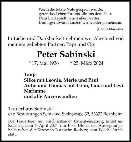 Anzeige von Peter Sabinski von  Schlossbote/Werbekurier 