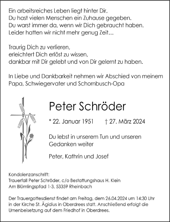 Anzeige von Peter Schröder von  Schaufenster/Blickpunkt 