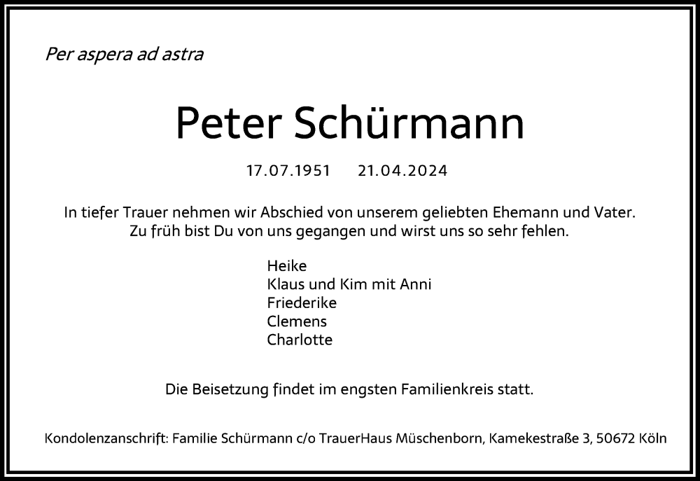  Traueranzeige für Peter Schürmann vom 27.04.2024 aus Kölner Stadt-Anzeiger / Kölnische Rundschau / Express