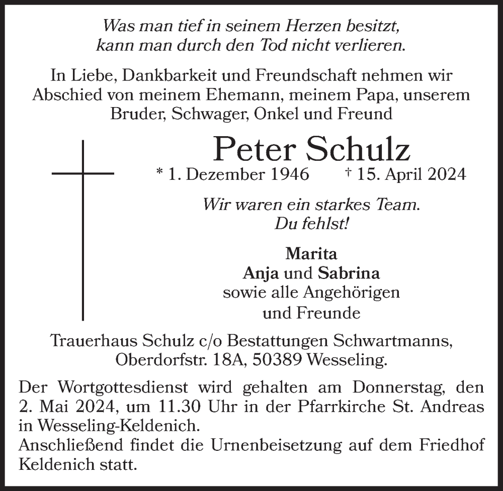  Traueranzeige für Peter Schulz vom 26.04.2024 aus  Schlossbote/Werbekurier 