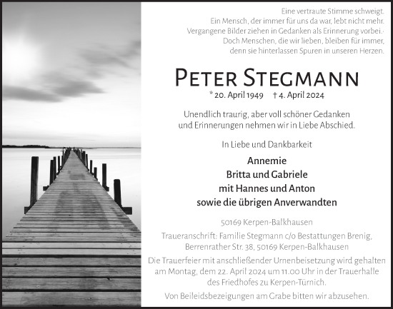 Anzeige von Peter Stegmann von  Werbepost 