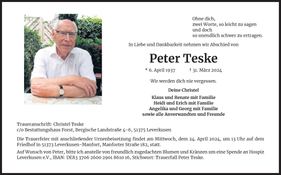 Anzeige von Peter Teske von Kölner Stadt-Anzeiger / Kölnische Rundschau / Express