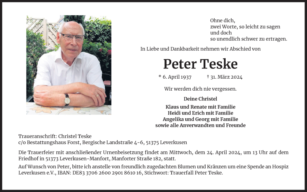  Traueranzeige für Peter Teske vom 17.04.2024 aus Kölner Stadt-Anzeiger / Kölnische Rundschau / Express