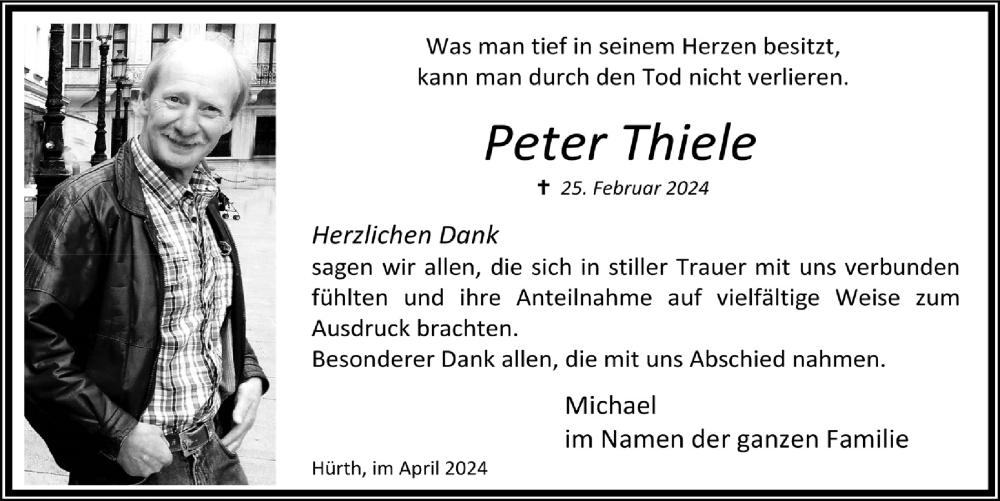  Traueranzeige für Peter Thiele vom 05.04.2024 aus  Wochenende 