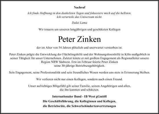 Anzeige von Peter Zinken von Kölner Stadt-Anzeiger / Kölnische Rundschau / Express