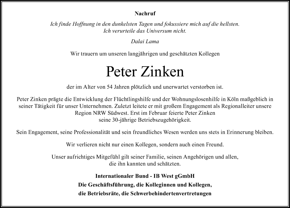  Traueranzeige für Peter Zinken vom 06.04.2024 aus Kölner Stadt-Anzeiger / Kölnische Rundschau / Express