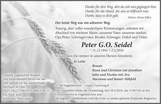 Anzeige von Peter G.O. Seidel von  Anzeigen Echo 