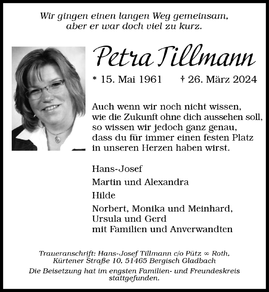  Traueranzeige für Petra Tillmann vom 12.04.2024 aus  Bergisches Handelsblatt 