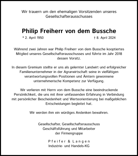 Anzeige von Philip Freiherr von dem Bussche von Kölner Stadt-Anzeiger / Kölnische Rundschau / Express