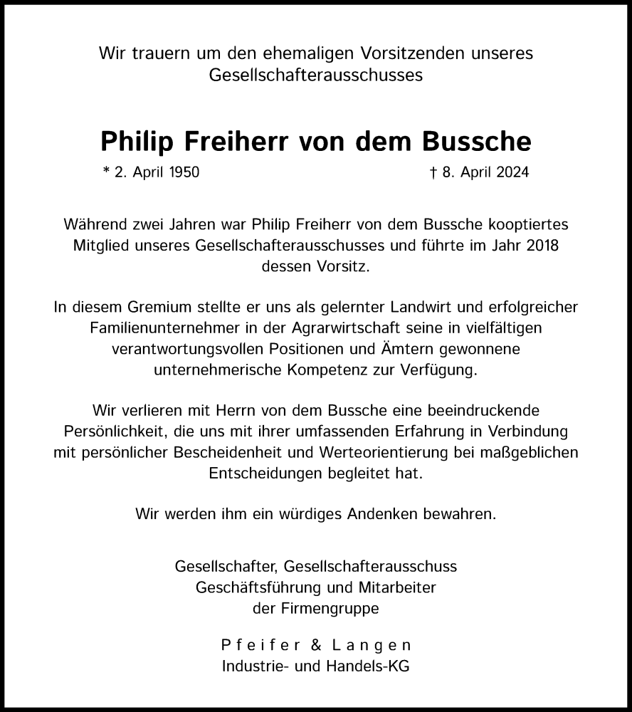  Traueranzeige für Philip Freiherr von dem Bussche vom 13.04.2024 aus Kölner Stadt-Anzeiger / Kölnische Rundschau / Express