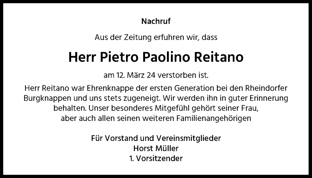  Traueranzeige für Pietro Paolino Reitano vom 12.04.2024 aus Kölner Stadt-Anzeiger / Kölnische Rundschau / Express