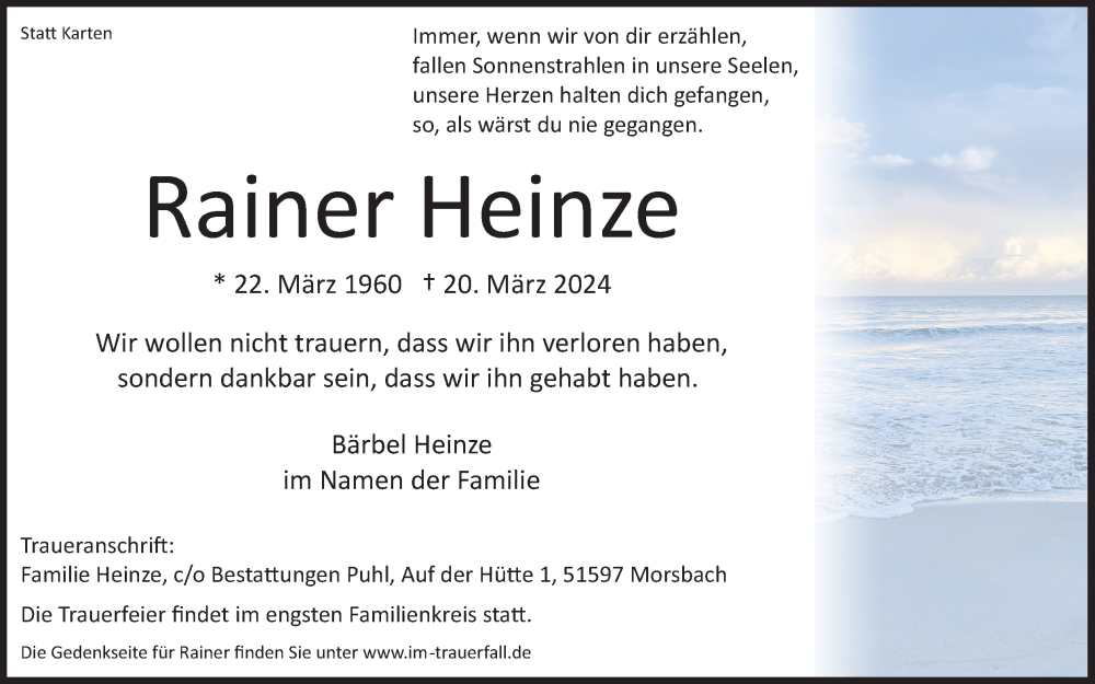  Traueranzeige für Rainer Heinze vom 30.03.2024 aus Kölner Stadt-Anzeiger / Kölnische Rundschau / Express
