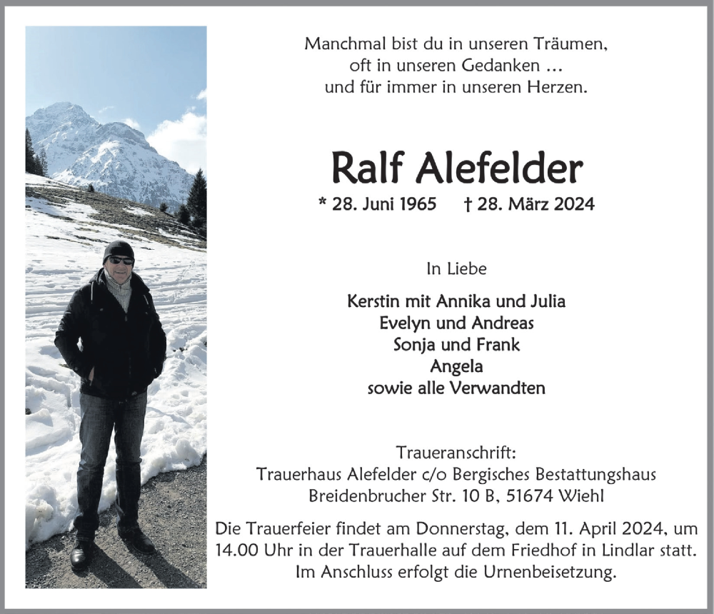  Traueranzeige für Ralf Alefelder vom 05.04.2024 aus  Anzeigen Echo 