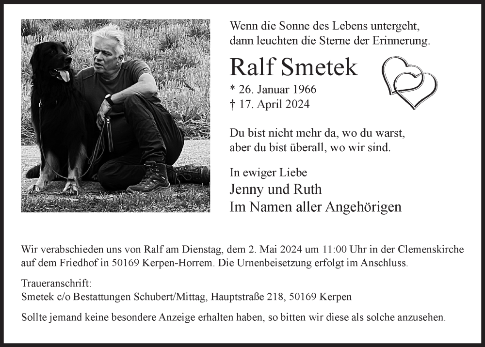  Traueranzeige für Ralf Smetek vom 26.04.2024 aus  Werbepost 