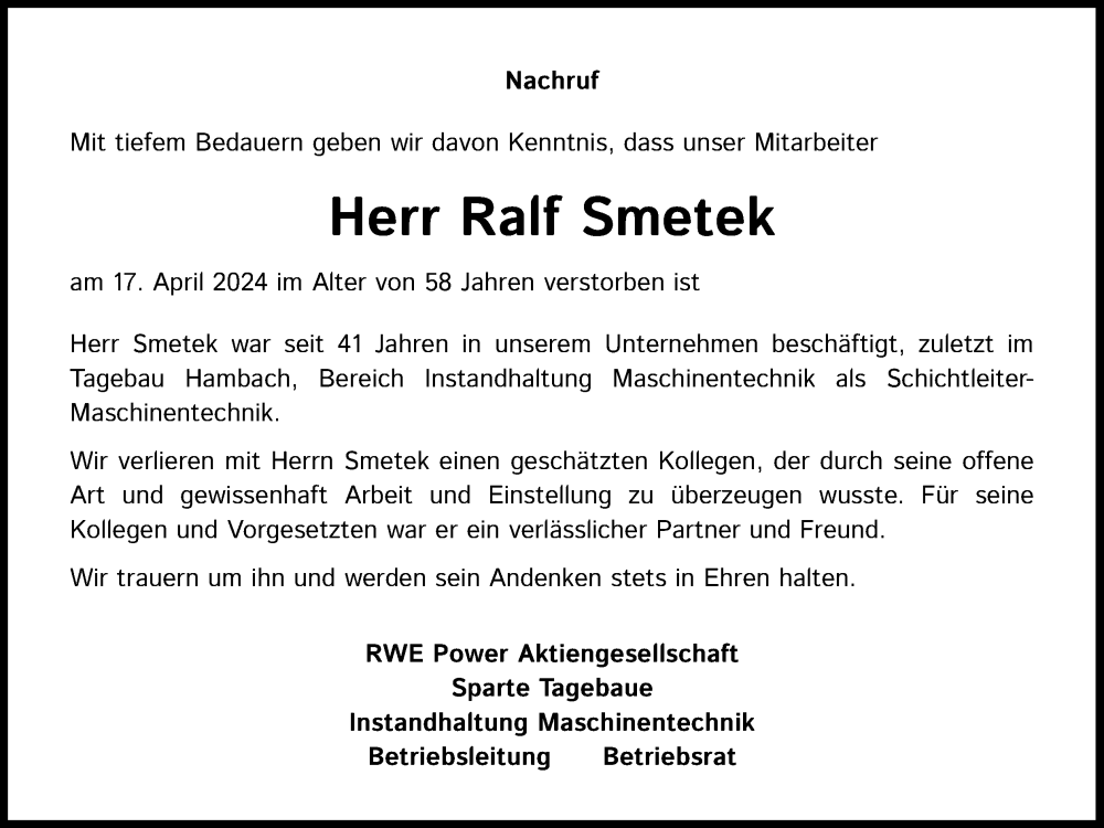  Traueranzeige für Ralf Smetek vom 30.04.2024 aus Kölner Stadt-Anzeiger / Kölnische Rundschau / Express