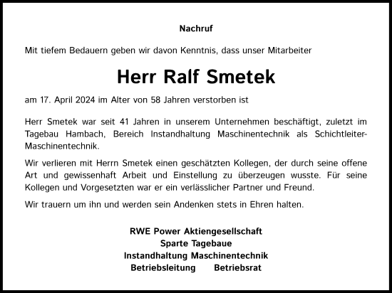 Anzeige von Ralf Smetek von Kölner Stadt-Anzeiger / Kölnische Rundschau / Express